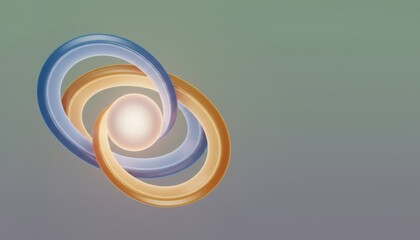 A colorful abstract design featuring intertwined rings and a central sphere, creating a sense of motion and harmony against a soft gradient background.