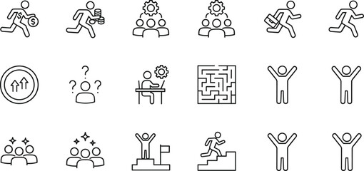 Comprehensive collection of simple black line icons representing professional motivation career progress competition success leadership and business achievement strategies for corporate growth