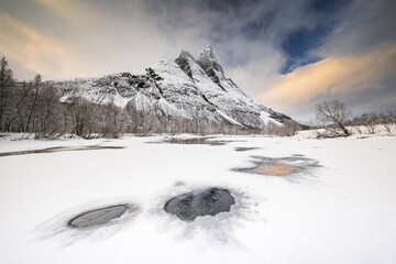 Winter landscape in front of Mount Otertinden, Signaldalen, Lyngenfjord, Tromso, Norway