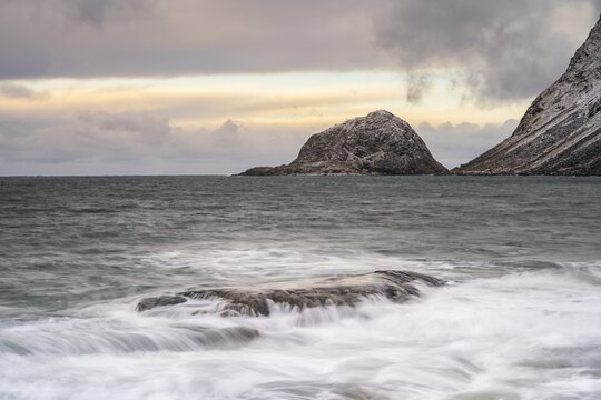 Coast with islands, Haukland beach, Vestv&aring;g&oslash;ya, Lofoten, Norway