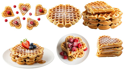 Collage of Seven Heart Shaped Waffles with Berries for Valentine’s Day Dessert