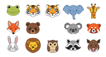 Obraz premium Vibrant collection of cute animal faces includes a frog tiger elephant giraffe fox bear koala red panda rabbit lion owl and raccoon.