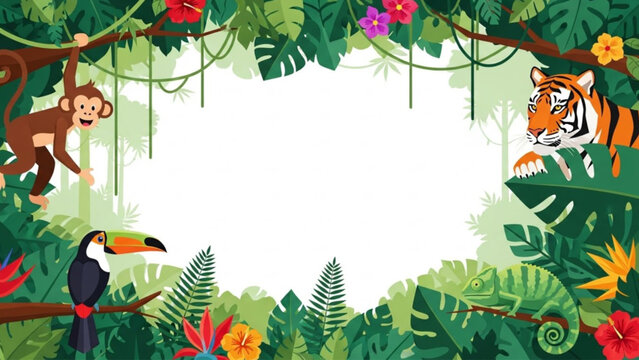 Tropical Jungle Frame with Wild Animals, Colorful Forest Border Illustration with Space in Center for Text for Poster, Banner, Kids Education, and Nature Design