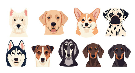 Naklejka premium Collection of diverse dog breed head portraits showing various facial features and fur colors in a modern flat vector style.