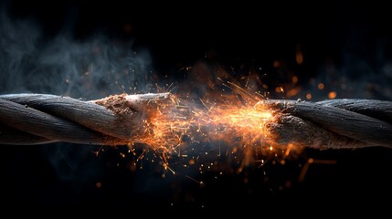 Close-up of frayed rope breaking apart with sparks and smoke against a black background
