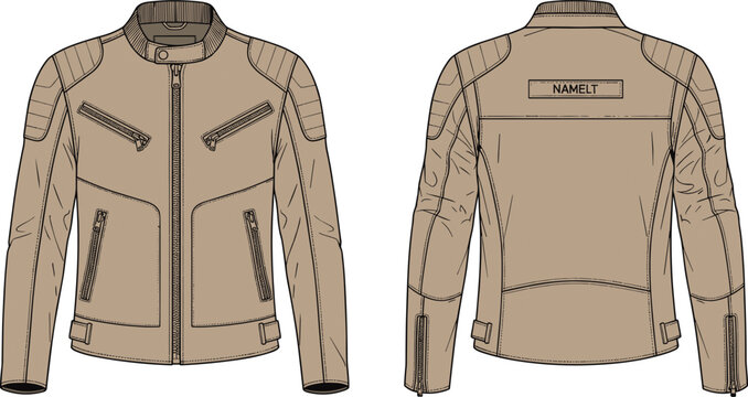 Men leather jacket technical fashion illustration, front and back view, biker style zippered outerwear, detailed vector design