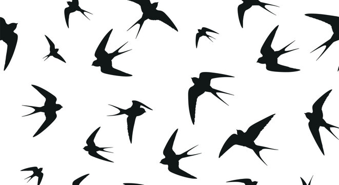 Seamless pattern featuring black silhouettes of flying swallows in various positions on a clean white background.