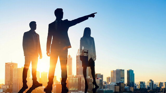 朝日夕日の中の都市オフィスで進路を指し示すビジネスパートナーリーダーと従う従業員の選択した進む未来