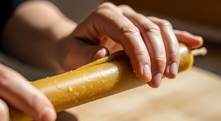 Close-up of artisan hands with careful mood rolling beeswax candle against wooden table background