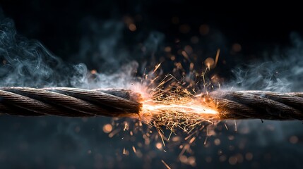 Close-up of frayed, sparking cable against a dark backdrop, highlighting the moment of breaking