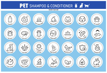 Pet shampoo and conditioner icons set. The outline icons are well scalable and editable. Contrasting elements are good for different backgrounds. EPS10.