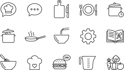 Comprehensive thin line icon set featuring chef hats kitchen utensils cooking pots recipe books and fresh vegetables representing culinary arts and restaurant food preparation