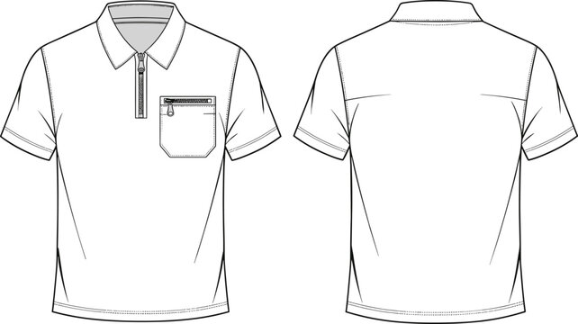 Men polo shirt technical fashion illustration, front and back view, short sleeve zip pocket design, flat vector apparel