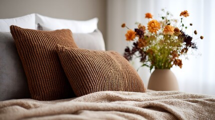 Close-up of pillows & vase with flowers on a bed; a soft, cozy interior setting