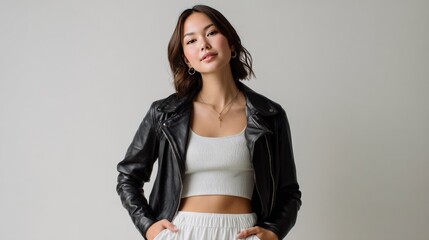 Effortless Elegance: A young woman exudes confidence and style in a modern, casual outfit. Her relaxed pose and engaging gaze capture an aura of sophistication.