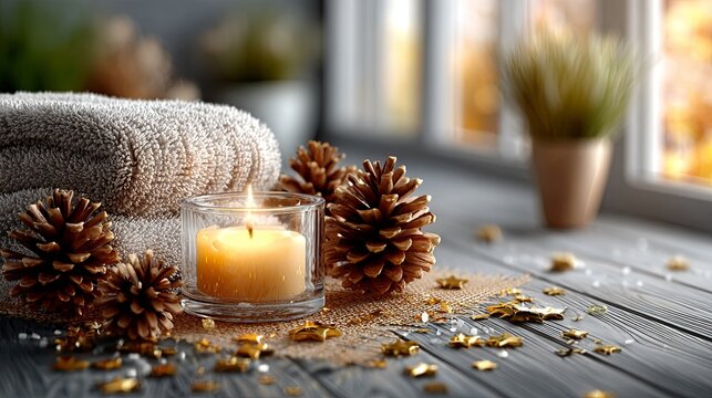 A rustic wooden tabletop with pine cones, a lit candle, and scattered metallic gold stars on a burlap texture, conveying warmth and wishes for the new year.