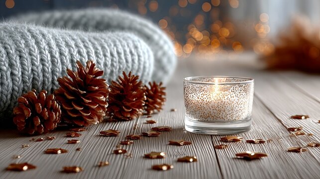 A rustic wooden tabletop with pine cones, a lit candle, and scattered metallic gold stars on a burlap texture, conveying warmth and wishes for the new year.
