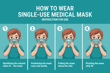 Wearing Single Use Medical Mask Instructions Visual Guide Demonstrating Proper Use for Healthcare Professionals and General Public Safety Precautions Infection Prevention and Control Health Awareness