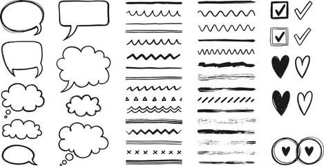 Hand-drawn design element set featuring sketchy speech bubbles decorative line dividers checkmarks and hearts for bullet journaling DIY crafts and whimsical social media branding