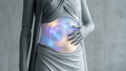 Female cyborg with glowing stomach. Robotic woman body with light in abdominal area. AI and human integration. Future concept.