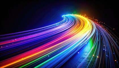 Digitally created illustration of vibrant colorful light trails in dynamic, curving motion