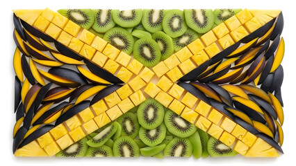 Jamaican flag made from fresh tropical fruits including pineapple kiwi and mango slices creating a vibrant and edible representation of the national symbol on white background