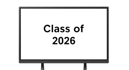 Large black screen displaying white text Class of 2026 on a stand technology
