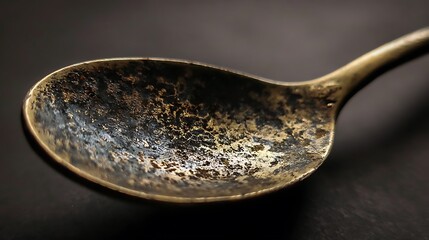 Close-up of a weathered spoon, showing textured surface against a dark background