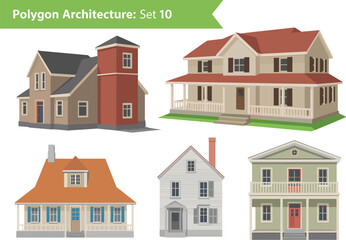 Naklejka premium Polygon architecture, modern house design, residential styles, digital illustration, wrap-around porch, dormer window, balcony, color variation