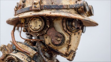 Close-up of a steampunk-inspired mechanical figure, showcasing intricate metalwork details
