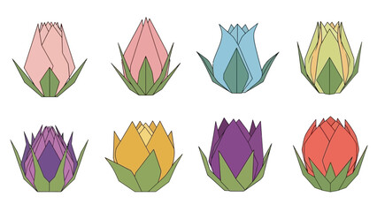 Origami Flower Collection: Diverse Pastel Colors, Geometric Design