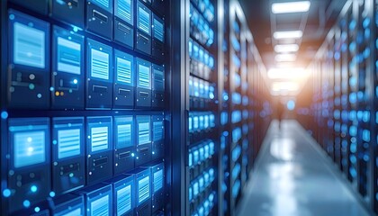 Data center perspective showcasing server racks with illuminated panels, rows, and ambient lighting
