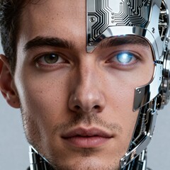 Half Human Half Machine Face Representing Artificial Intelligence and Human Evolution