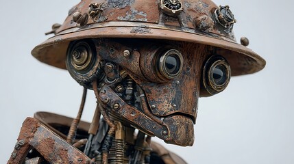 Close-up of a weathered, steampunk-inspired robotic figure. Detailed metalwork, aged appearance, unique design