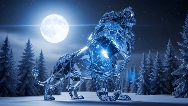 Majestic crystal lion stands under a full moon in snowy forest