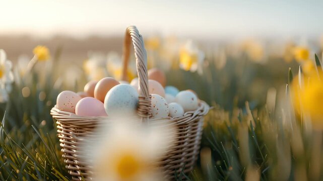 Wicker basket with colorful natural Easter eggs in spring flower field. Holiday eggs in grass with daffodil for celebration.