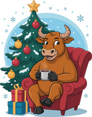 Naklejka premium Cartoon bull character drinking hot beverage in armchair next to Christmas tree and gifts illustration for holiday season festive celebration greeting graphics and family winter seasonal december even