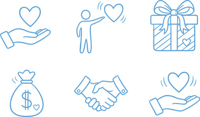 Fototapeta premium Charity and donation icon set featuring light blue line symbols for humanitarian aid non-profit support heart sharing gift giving funding and collaborative community partnership