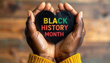 Close up of dark-skinned hands cupping a black heart-shaped sign with colorful words