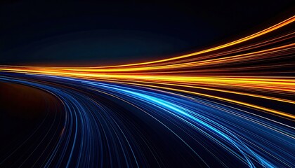 Dynamic, abstract composition featuring flowing, curved streaks of blue and orange light