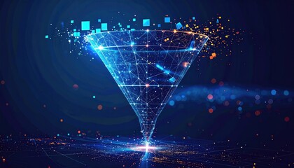 Digital funnel illustration, glowing with data particles, representing data filtering/processing