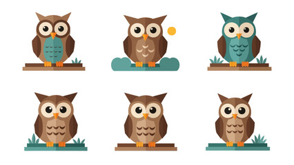 Fototapeta premium Cute Owl Collection: Flat Design Avian Characters on Branches
