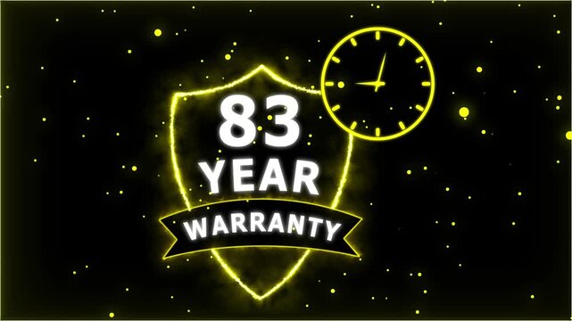 Neon Glowing Shield Badge with 83 Year Warranty Text and Clock Animation on black Futuristic Background.