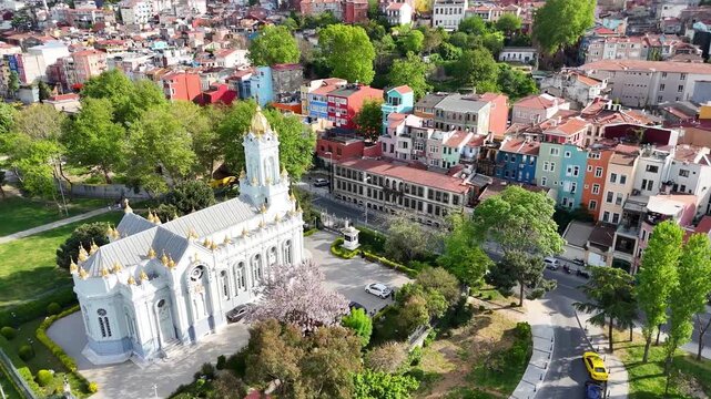 Close-up drone shot focusing on the architectural details and crosses of the Iron Church on May 5, 2025 in Balat, Istanbul