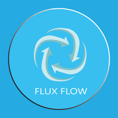 Flux Flow" conceptual logo design with four rotating arrows in a circular motion on a blue background.
