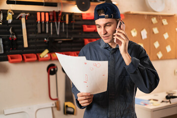 carpenter talking on smartphone reading documents on tools background in workshop