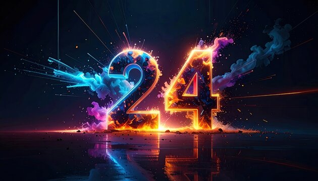 Neon numbers burst with energy, surrounded by fiery elements and vibrant digital effects - Powered by Adobe