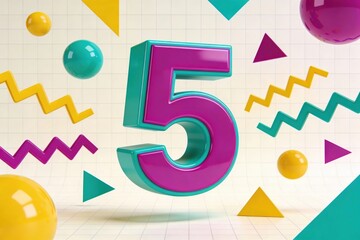 Colorful 3d number five with playful geometric shapes on light background. Modern educational visual for counting, math learning, kids content, posters, presentations, apps, and creative design