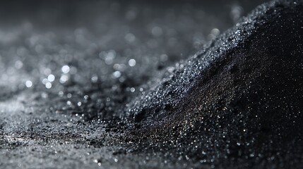 Close-up of a dark, granular substance with shimmering specks scattered around a pile