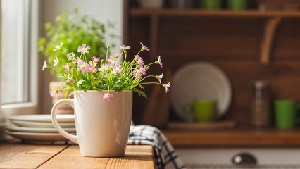 Potted flowers in white mug on wooden kitchen table background  